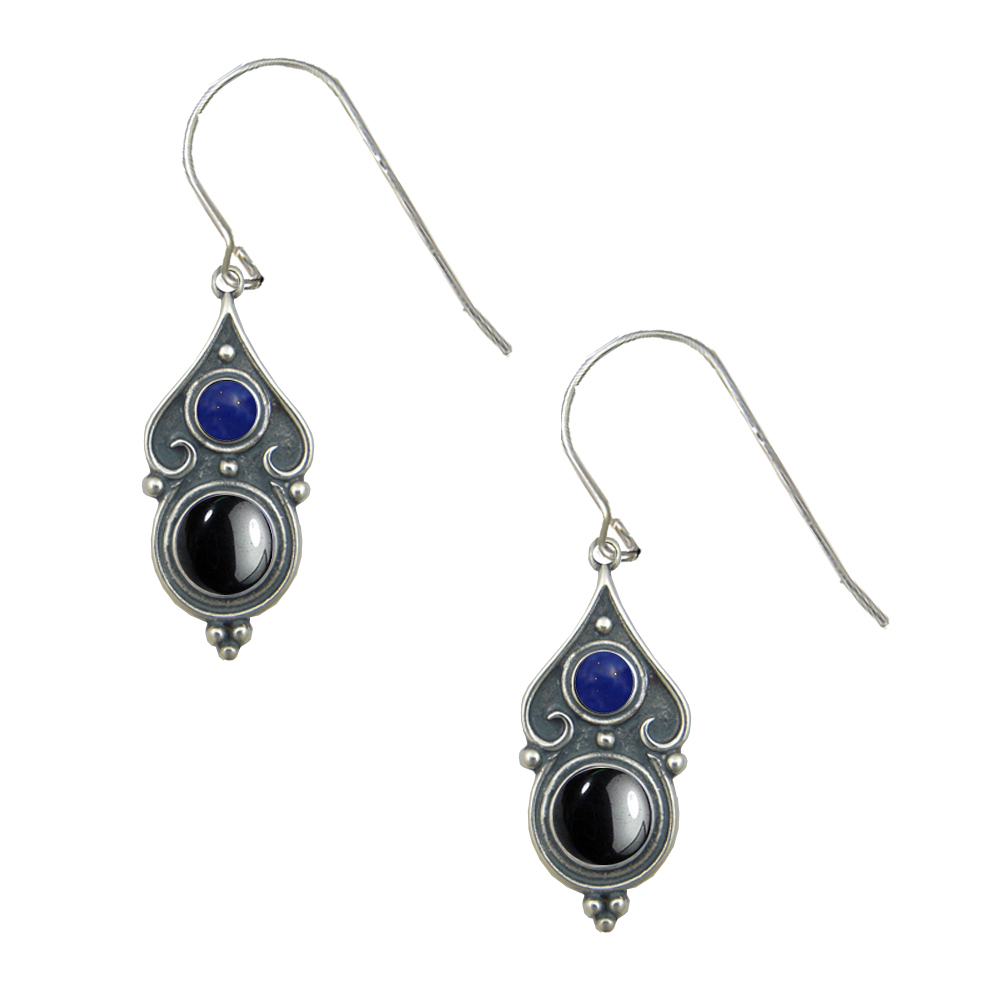 Sterling Silver Designer Post Stud Earrings With Hematite And Lapis Lazuli